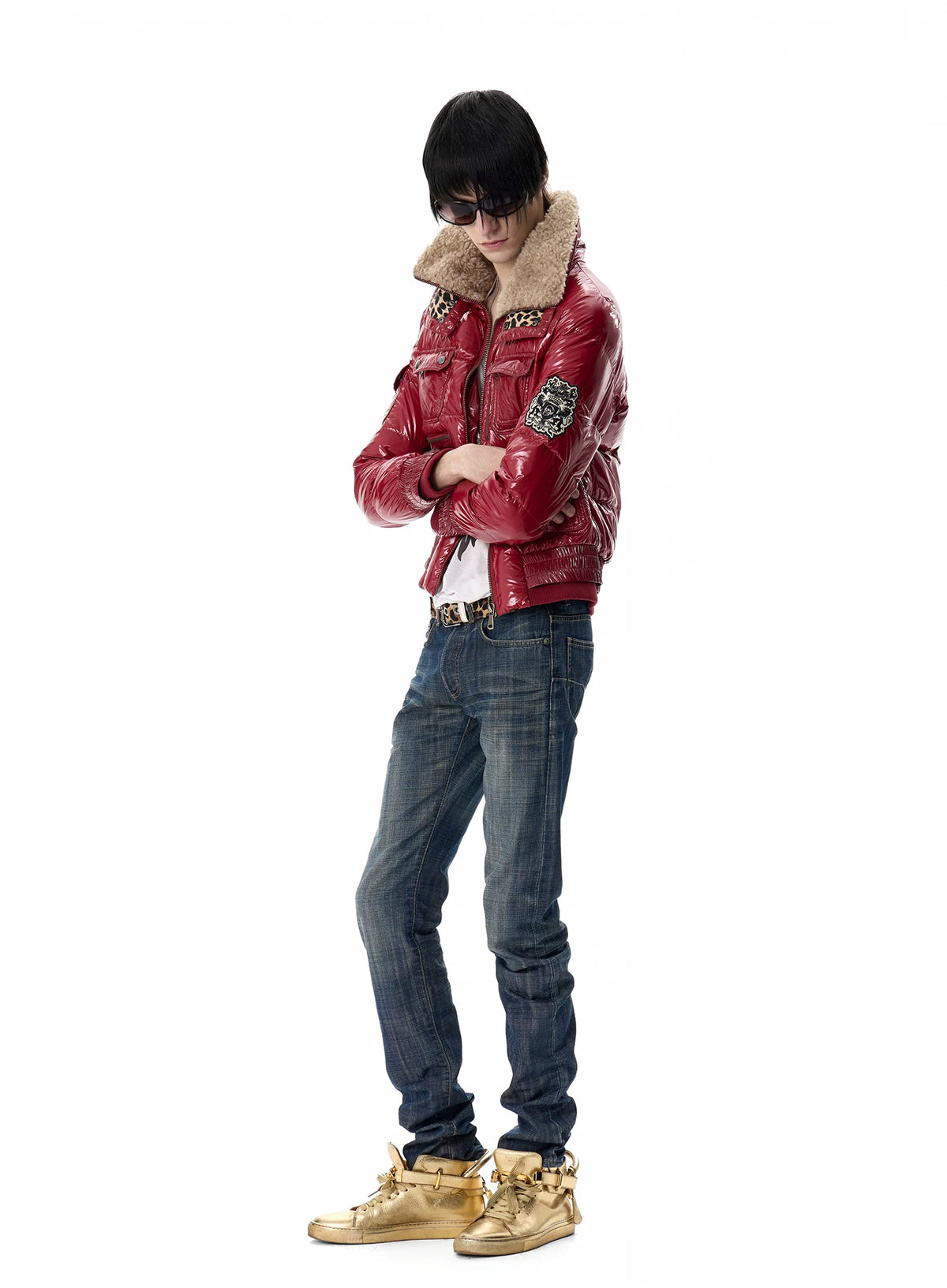 noEmosen Leopard Lined Glossy Red Sherpa Collar Down Jacket - Red three-quarter