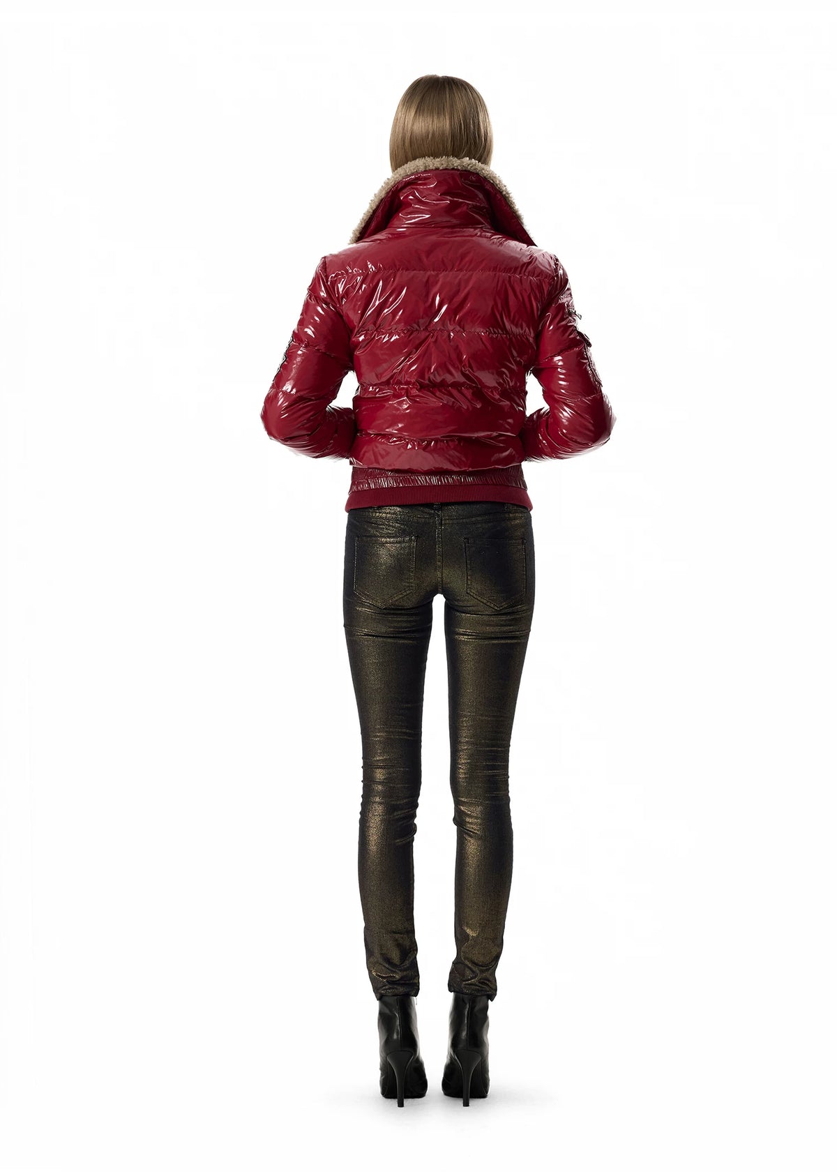 noEmosen Leopard Lined Glossy Red Sherpa Collar Down Jacket - Red back