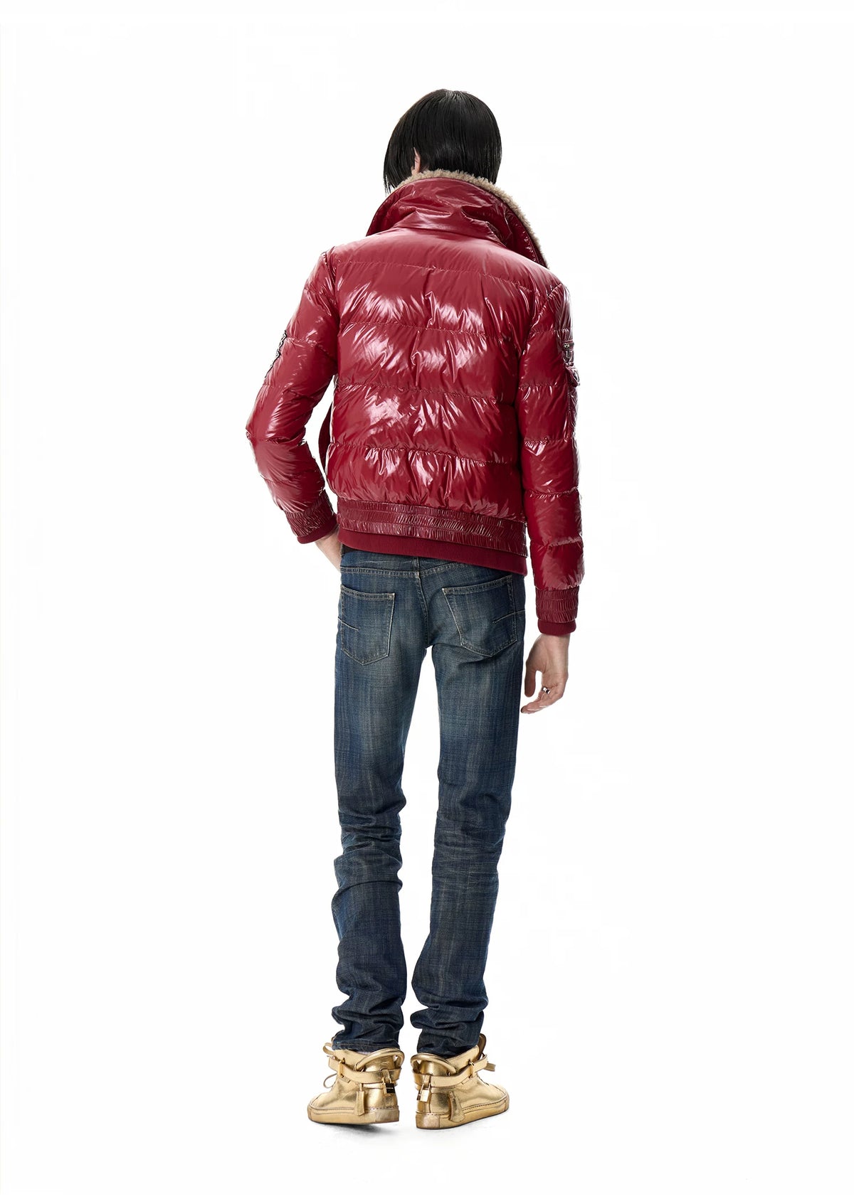 noEmosen Leopard Lined Glossy Red Sherpa Collar Down Jacket - Red back