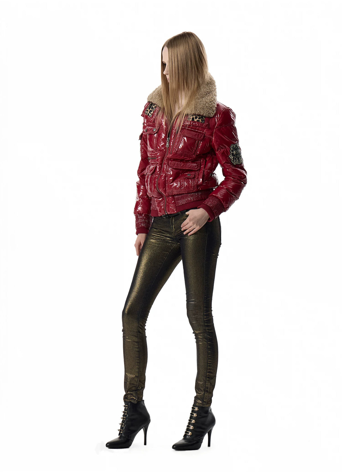 noEmosen Leopard Lined Glossy Red Sherpa Collar Down Jacket - Red side full length