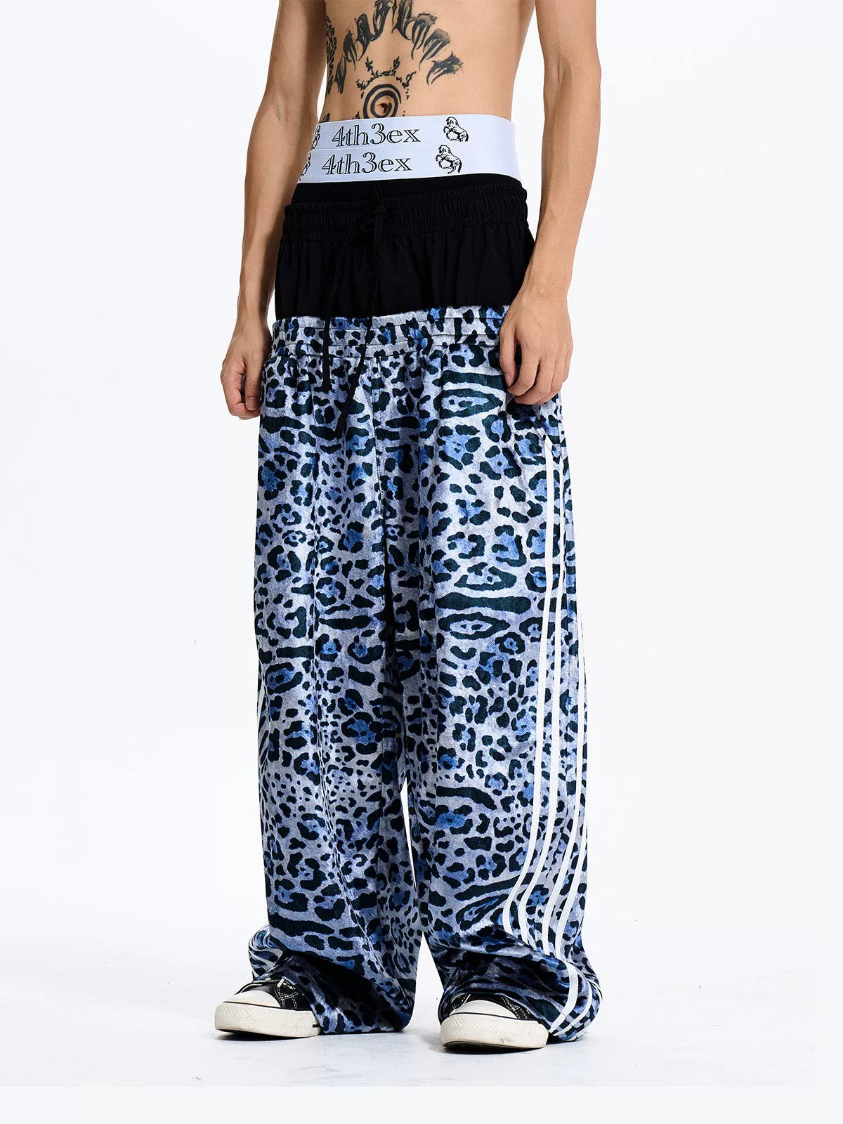 Leopard Double Waistband Wide Leg Track Pants - Double waistband detail