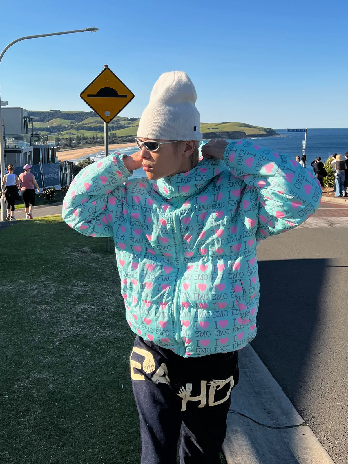 EAHO I Love EMO Print Hooded Padded Jacket - Mint Blue front