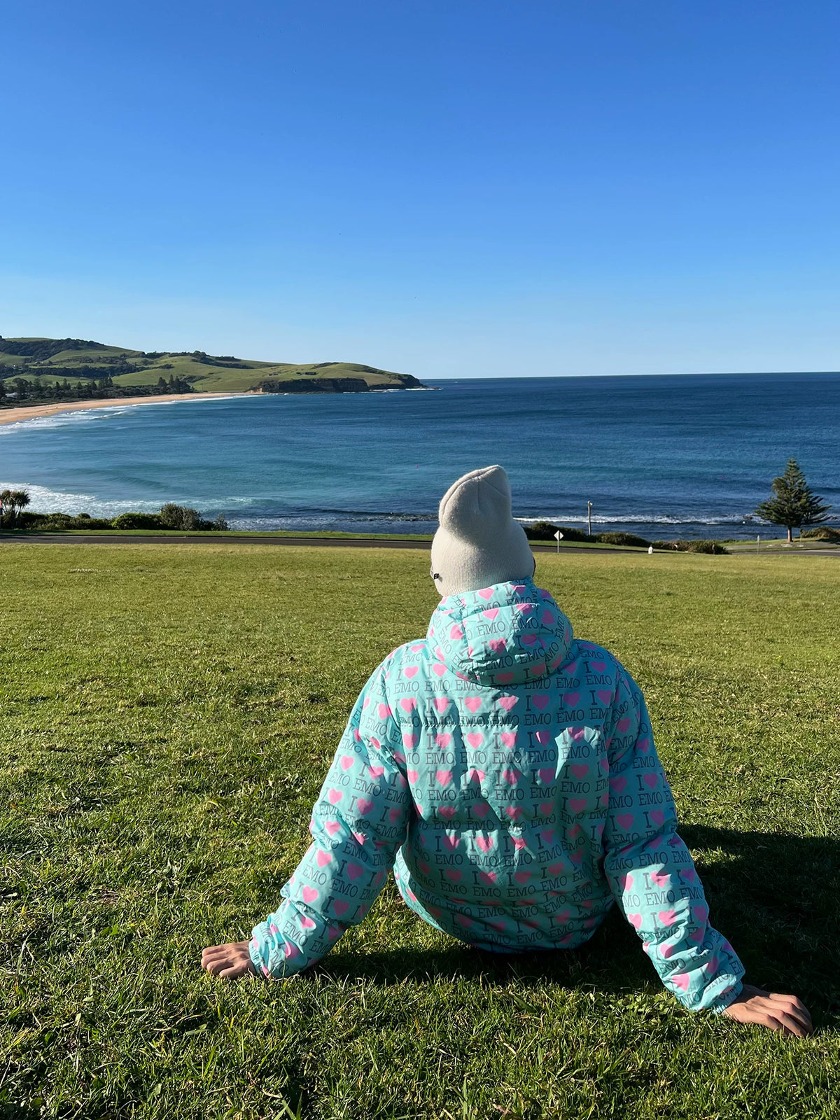 EAHO I Love EMO Print Hooded Padded Jacket - Mint Blue back view