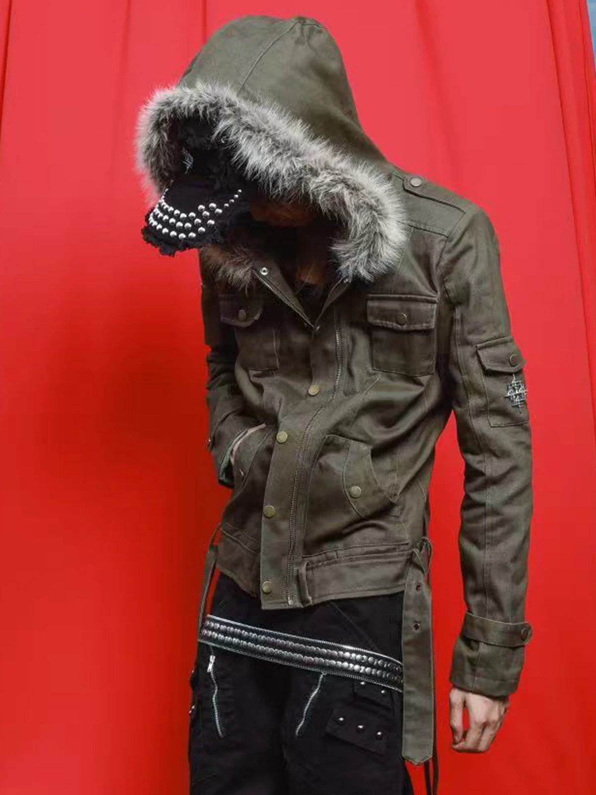 DETW Fur-Trim Hooded Multi-Pocket Jacket - Olive Green view 1