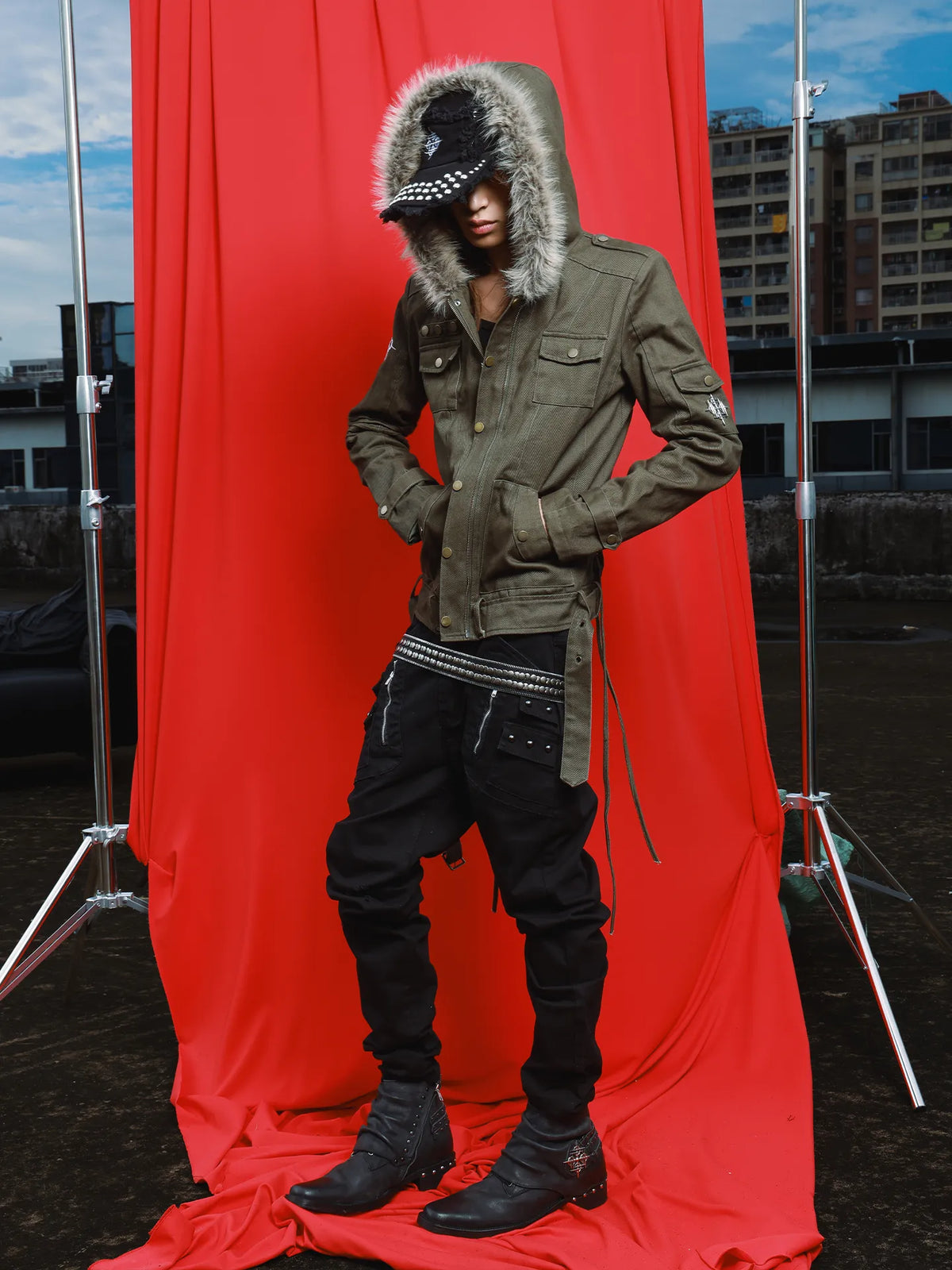 DETW Fur-Trim Hooded Multi-Pocket Jacket - Olive Green view 3