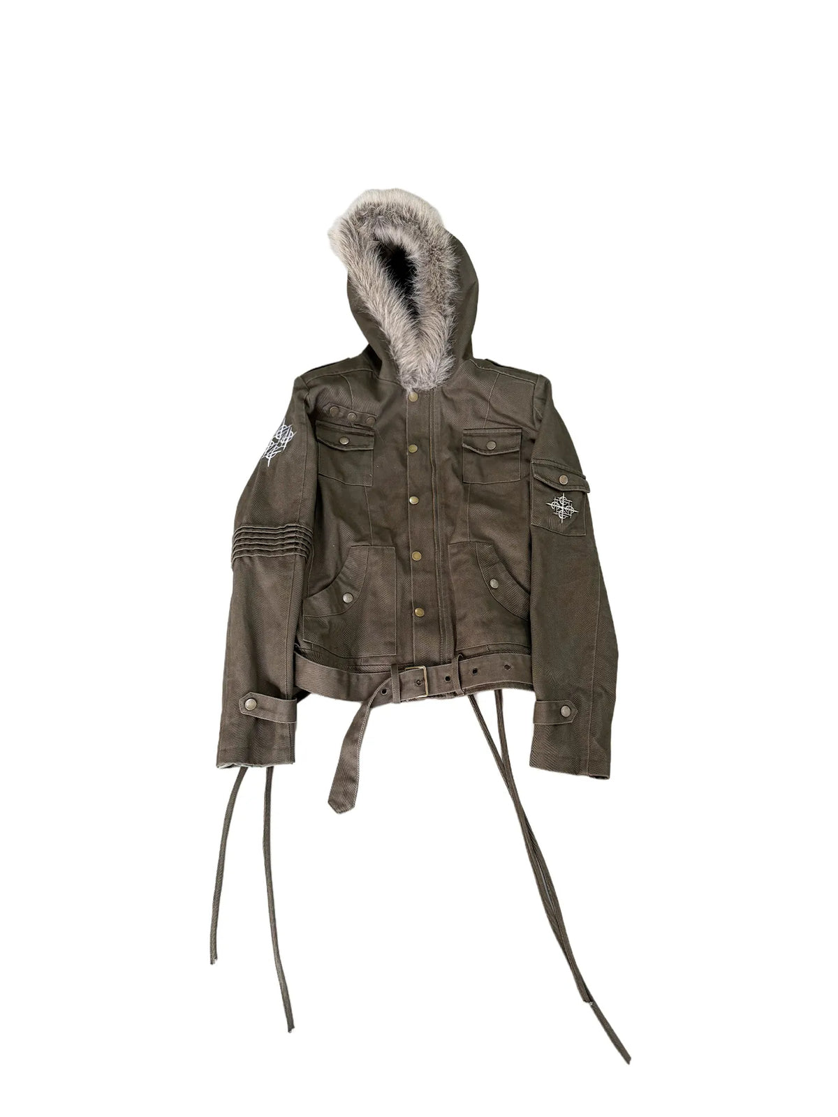 DETW Fur-Trim Hooded Multi-Pocket Jacket - Olive Green flat lay