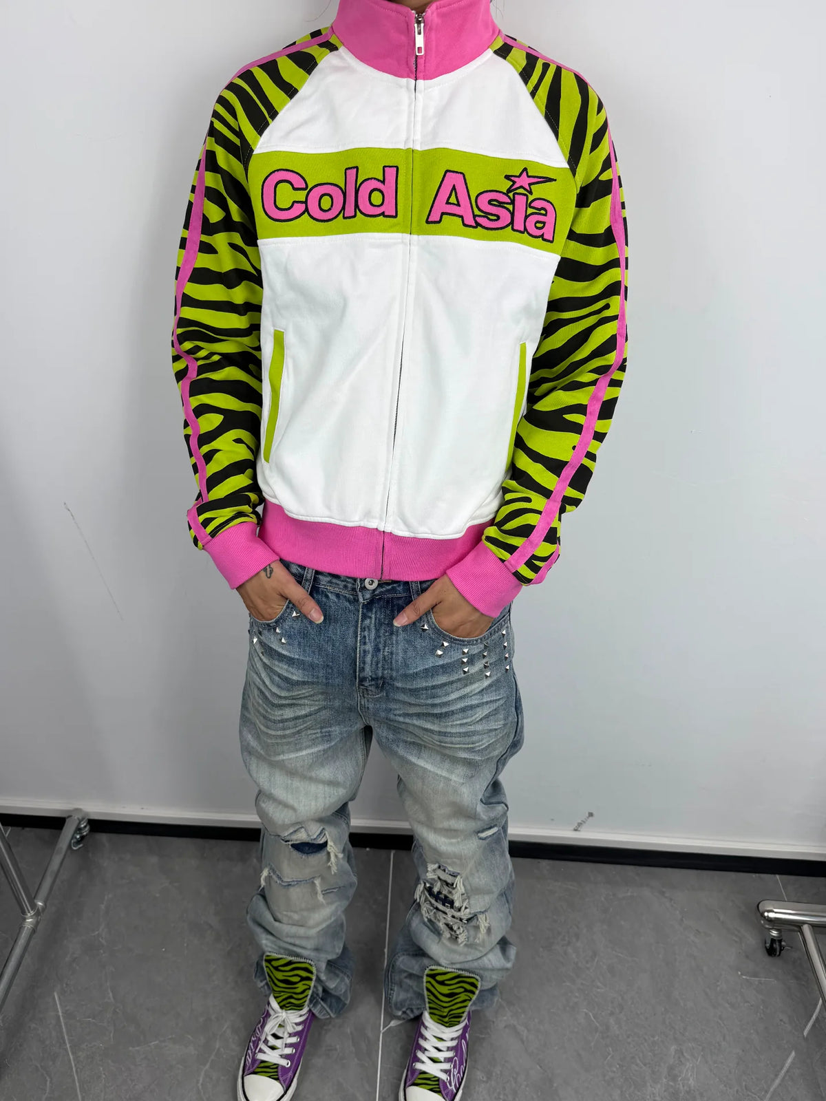 ColdAsia Lime Zebra Block Logo Raglan Track Jacket - White front on model