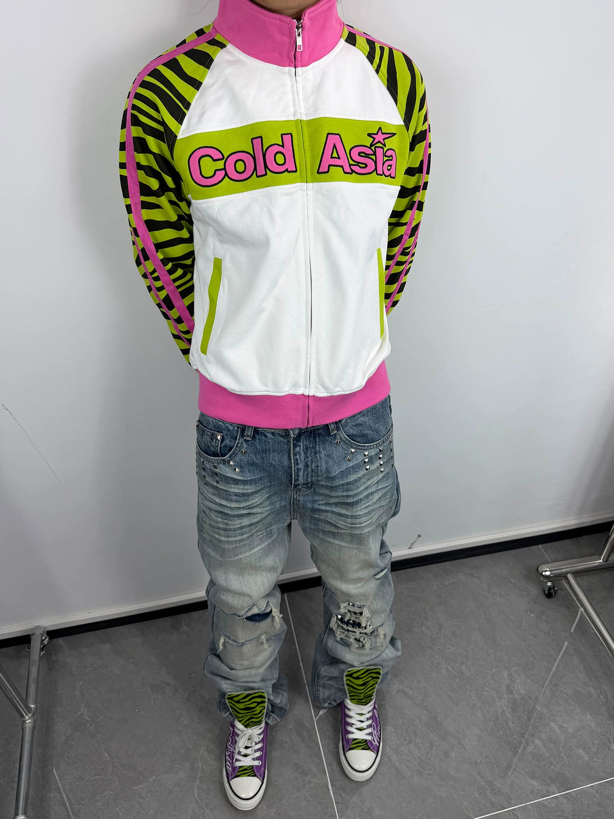 ColdAsia Lime Zebra Block Logo Raglan Track Jacket - White front styled on model