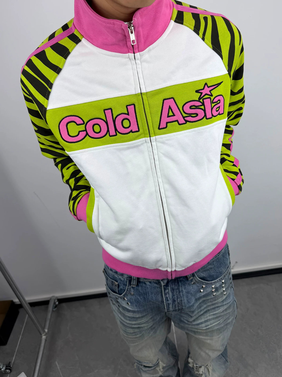 ColdAsia Lime Zebra Block Logo Raglan Track Jacket - White chest logo close-up