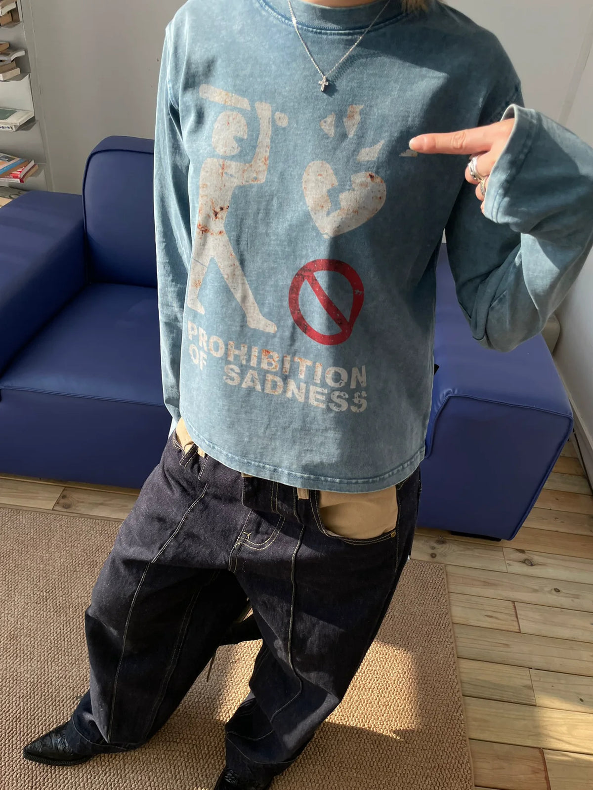 MMBBT Prohibition of Sadness Washed Long Sleeve Tee - Blue model view