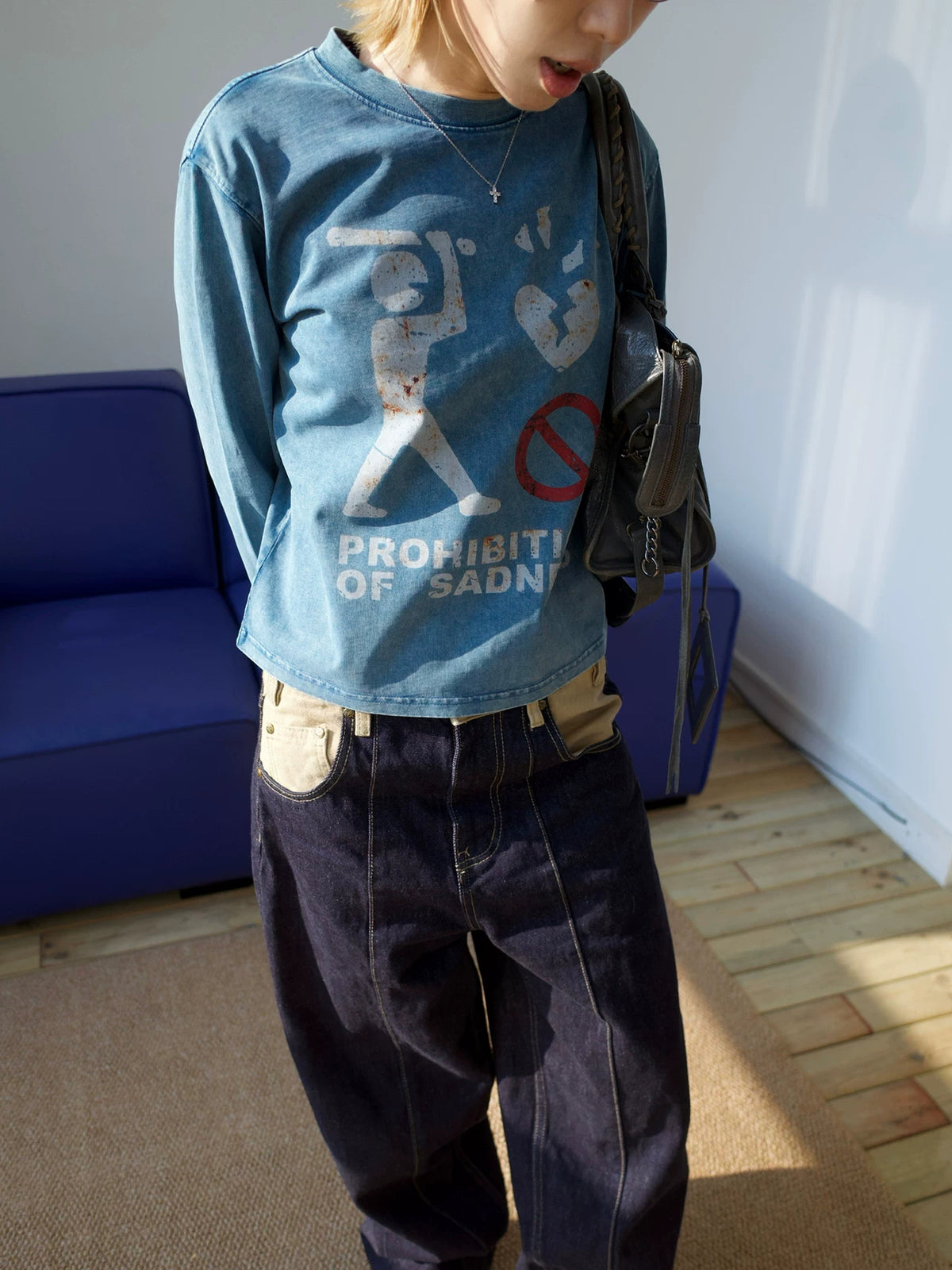 MMBBT Prohibition of Sadness Washed Long Sleeve Tee - Blue model view