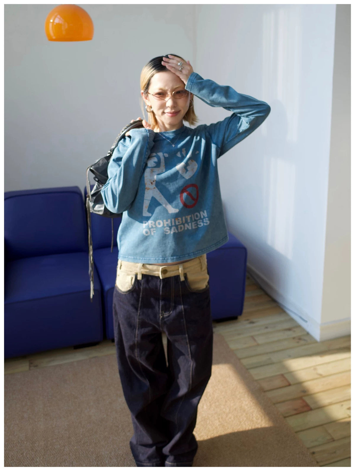 MMBBT Prohibition of Sadness Washed Long Sleeve Tee - Blue model view