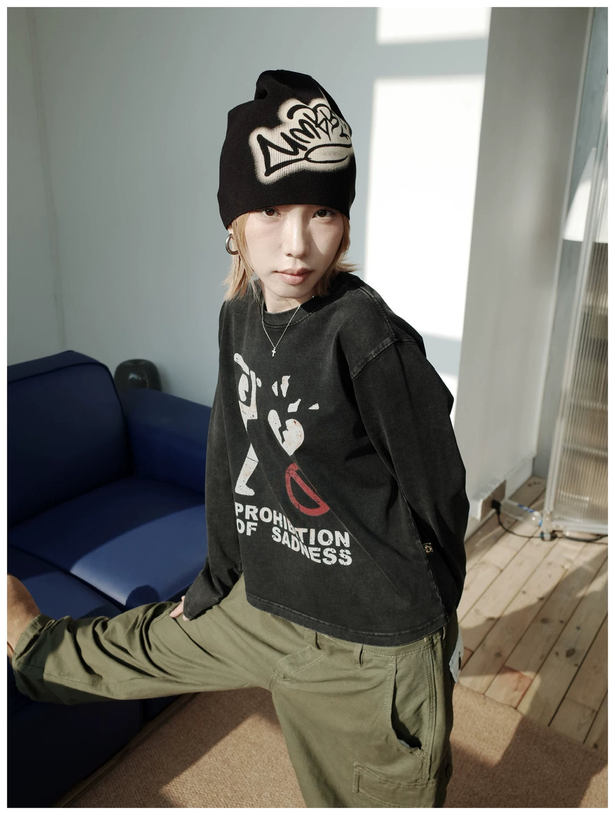 MMBBT Prohibition of Sadness Washed Long Sleeve Tee - Black model view