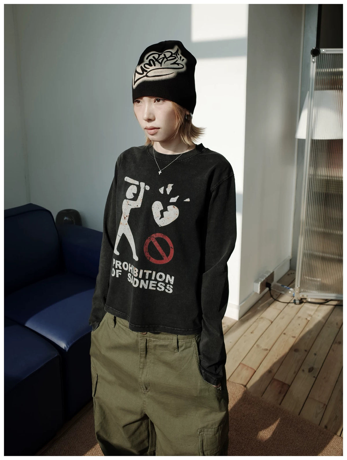 MMBBT Prohibition of Sadness Washed Long Sleeve Tee - Black model view