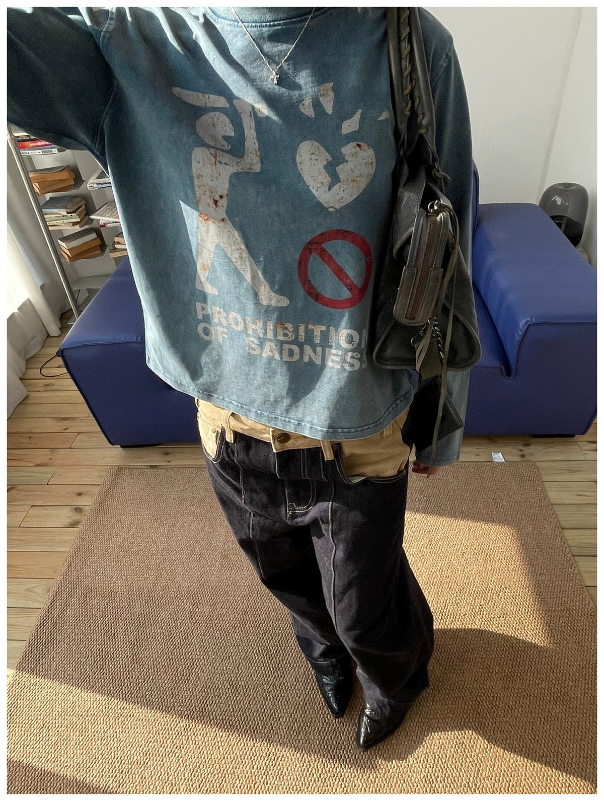 MMBBT Prohibition of Sadness Washed Long Sleeve Tee - Blue print close-up