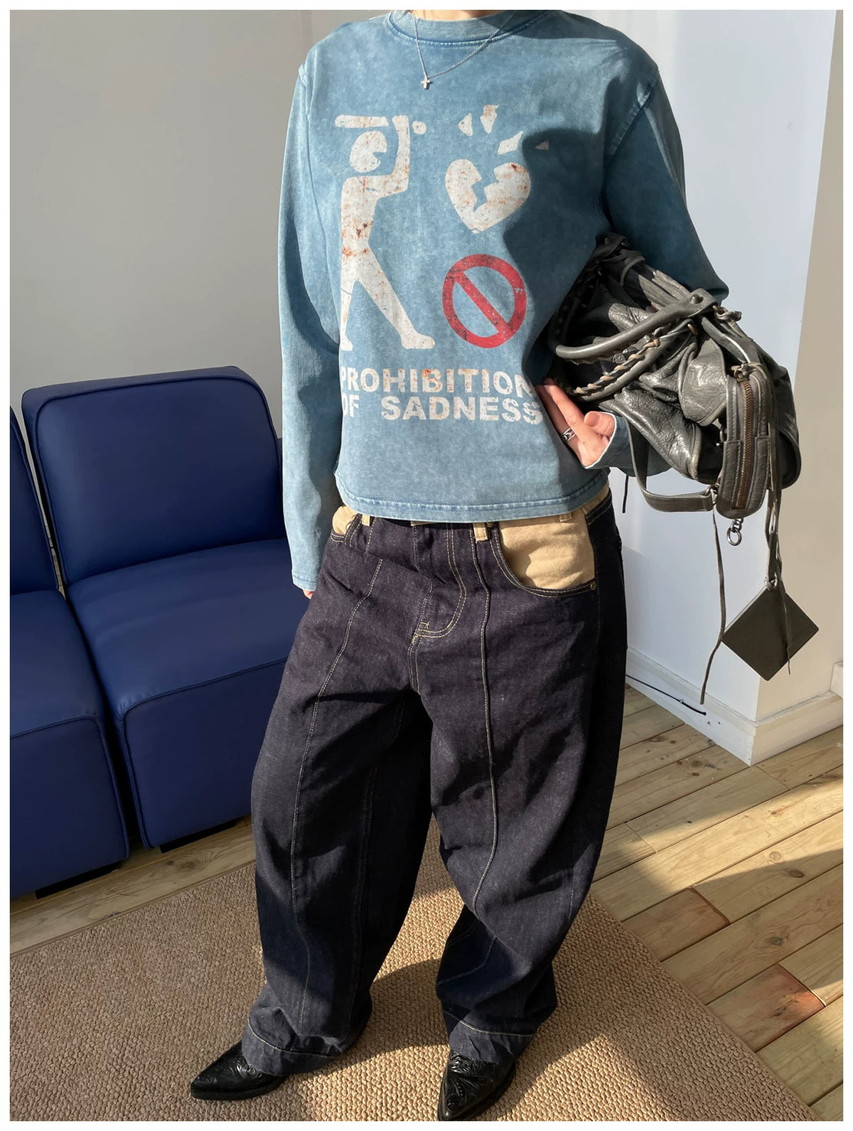 MMBBT Prohibition of Sadness Washed Long Sleeve Tee - Blue model view