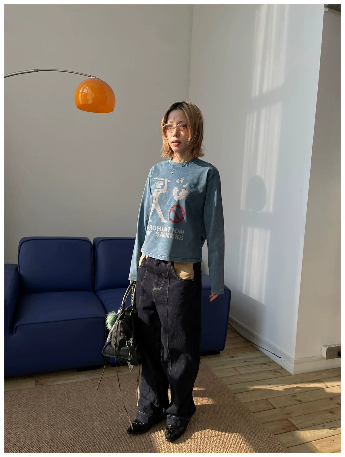 MMBBT Prohibition of Sadness Washed Long Sleeve Tee - Blue model view