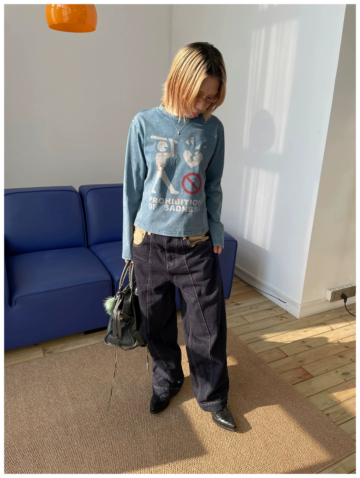 MMBBT Prohibition of Sadness Washed Long Sleeve Tee - Blue model view