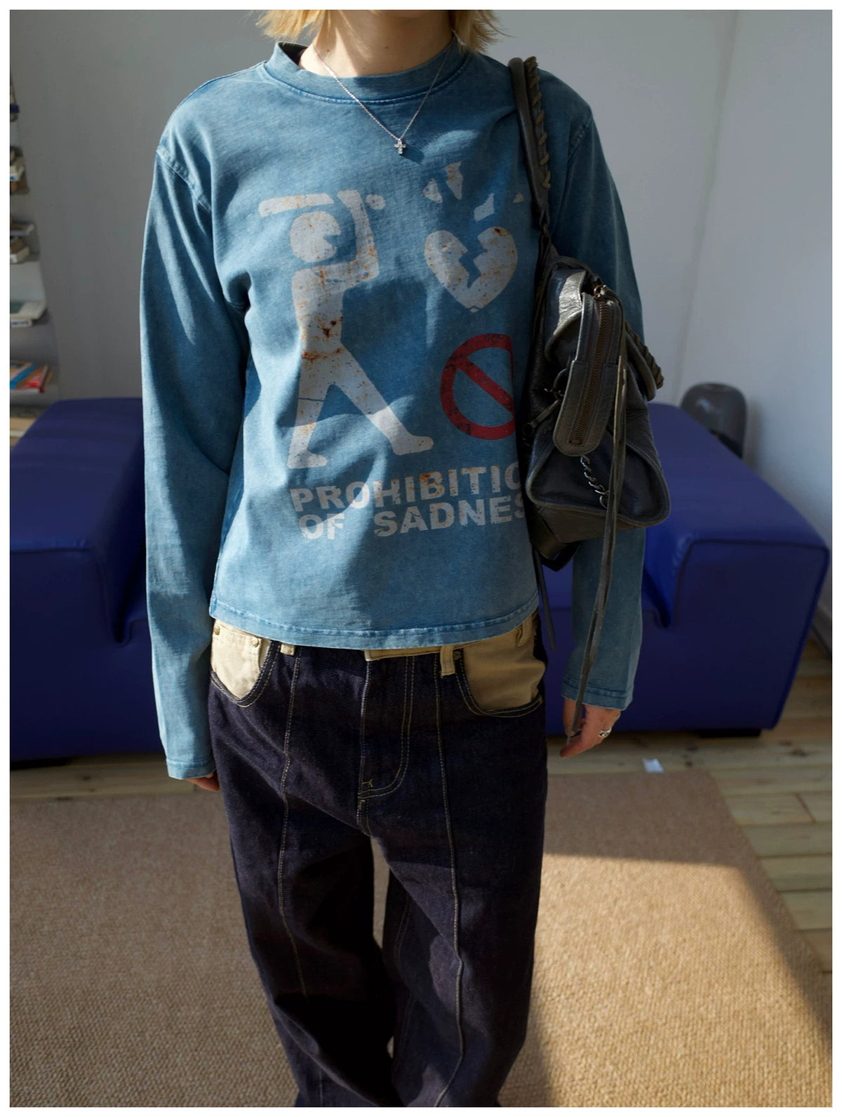 MMBBT Prohibition of Sadness Washed Long Sleeve Tee - Blue model view