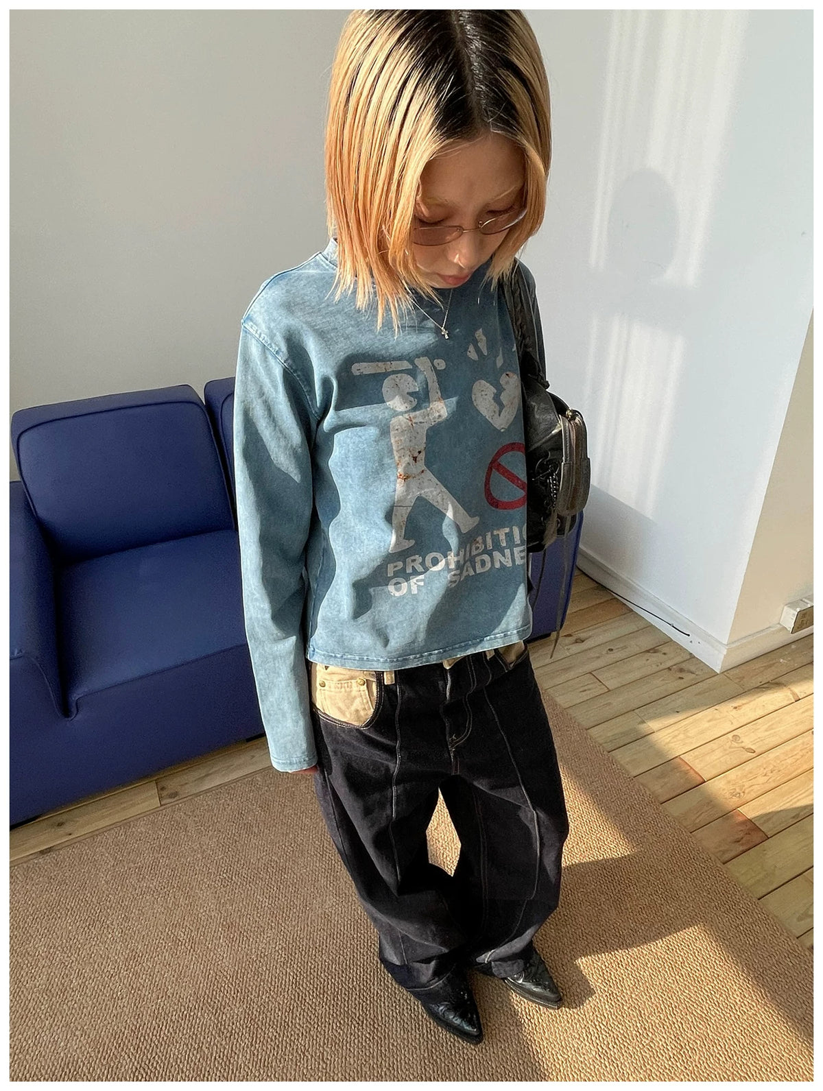 MMBBT Prohibition of Sadness Washed Long Sleeve Tee - Blue model view