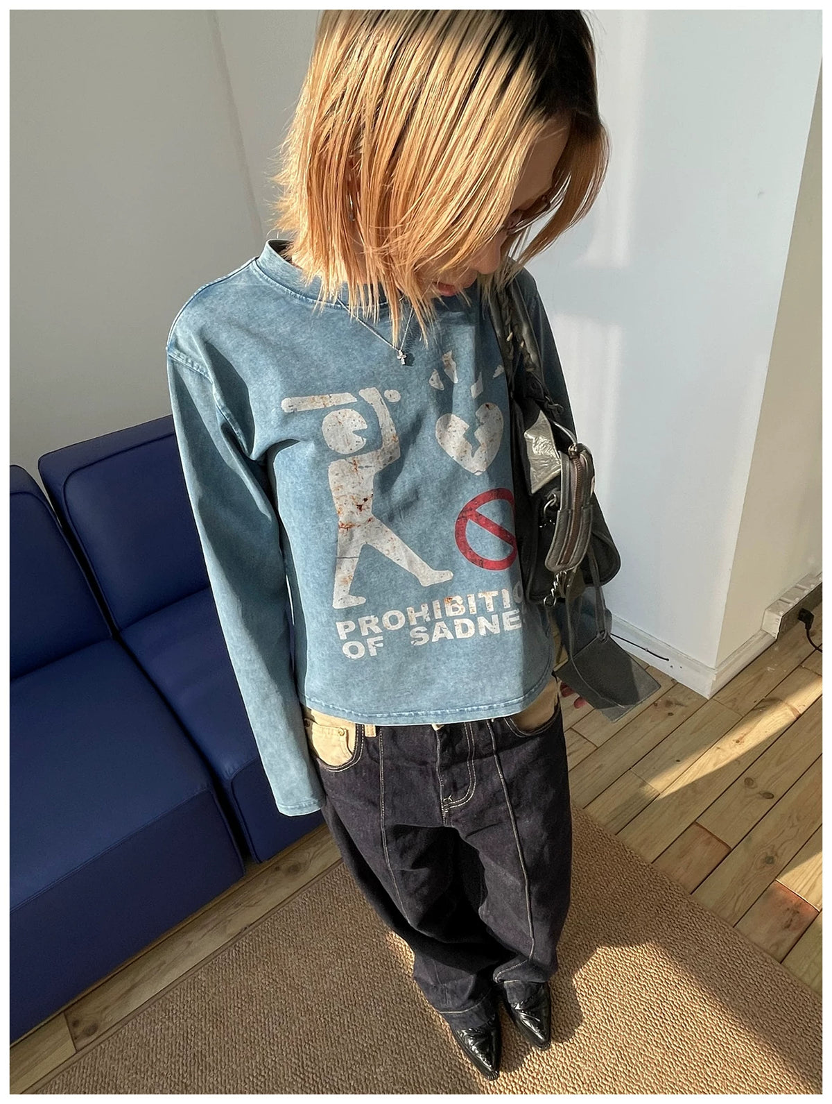 MMBBT Prohibition of Sadness Washed Long Sleeve Tee - Blue model view