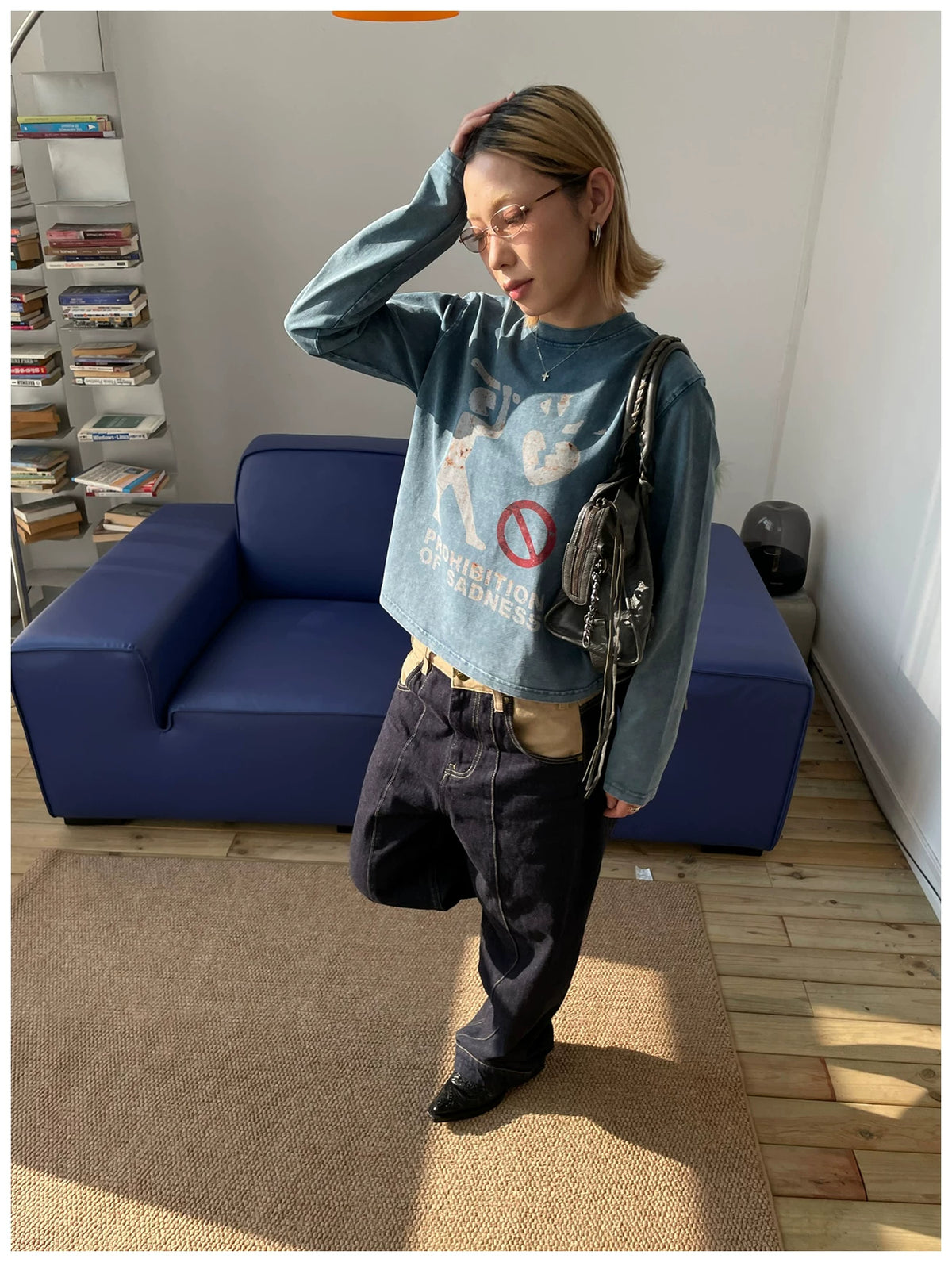 MMBBT Prohibition of Sadness Washed Long Sleeve Tee - Blue model view