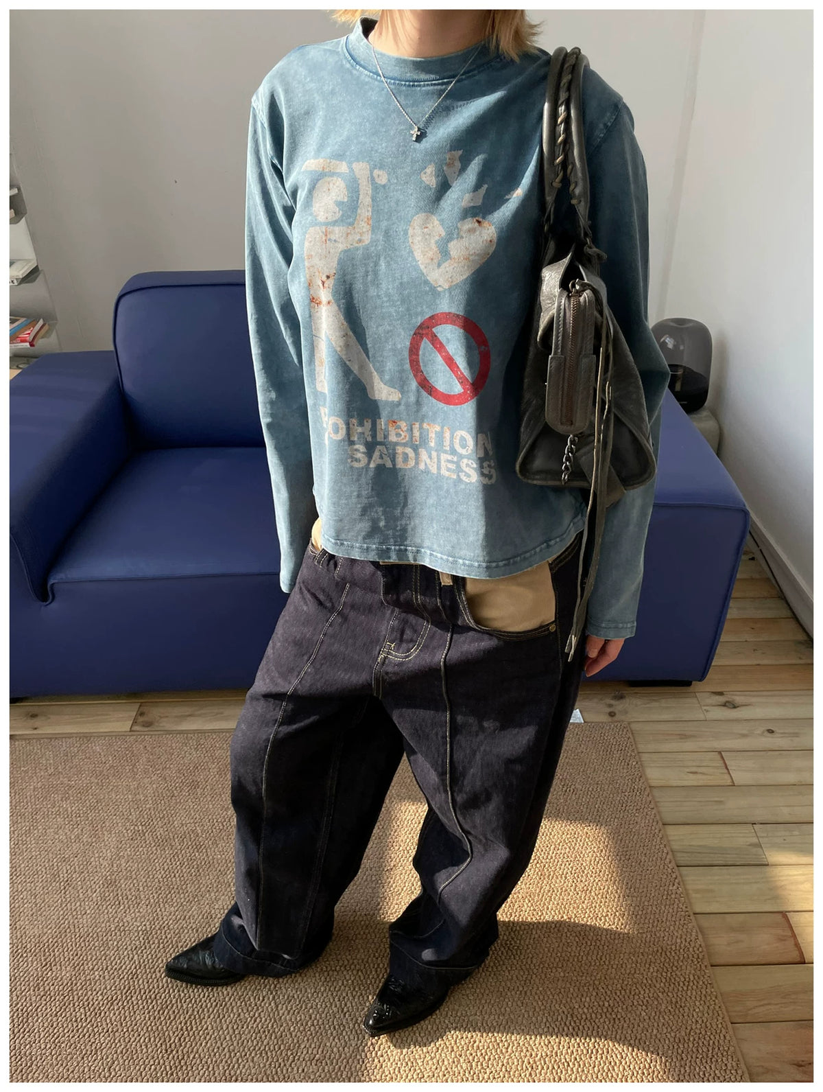 MMBBT Prohibition of Sadness Washed Long Sleeve Tee - Blue model view