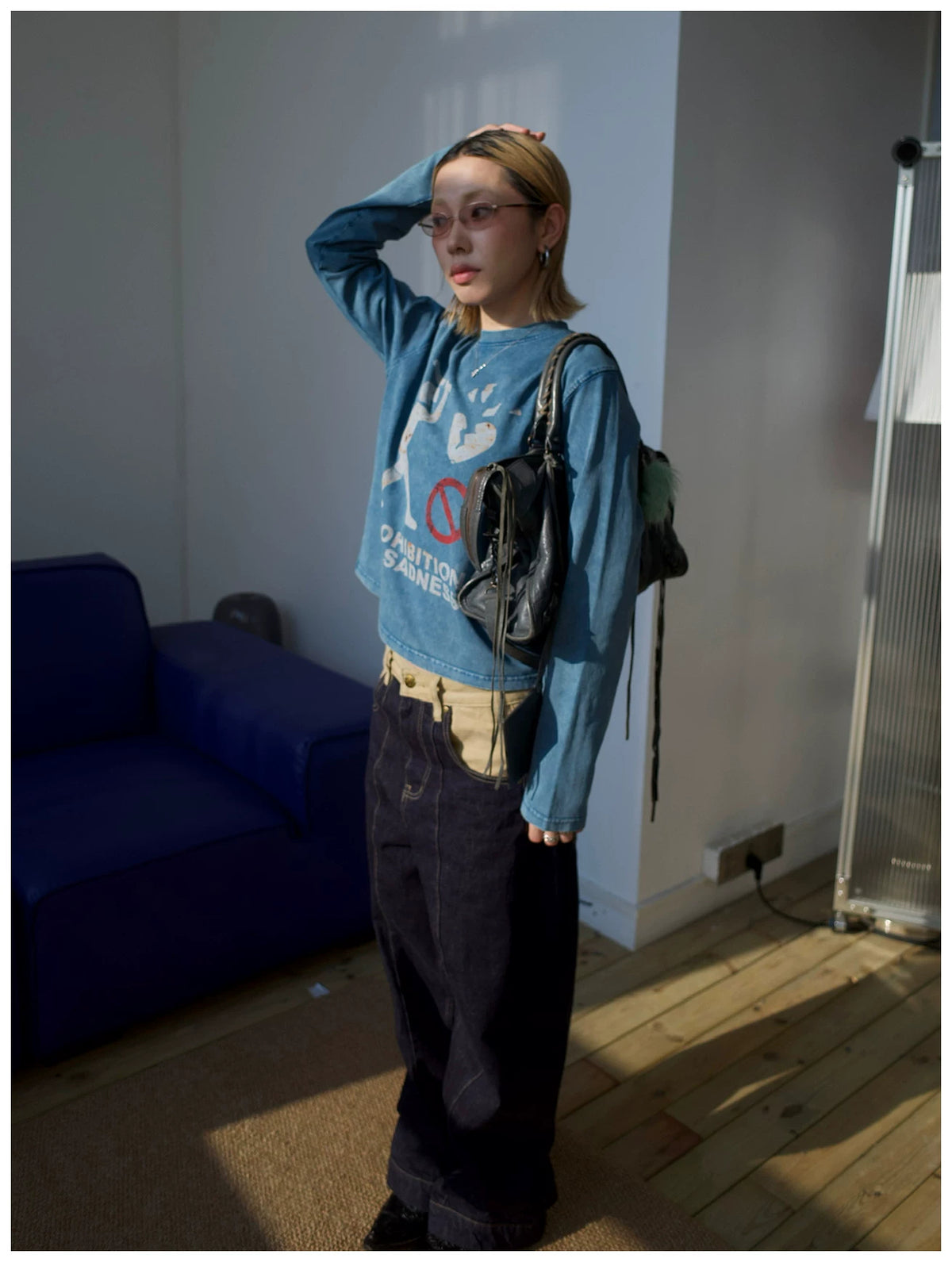 MMBBT Prohibition of Sadness Washed Long Sleeve Tee - Blue model view