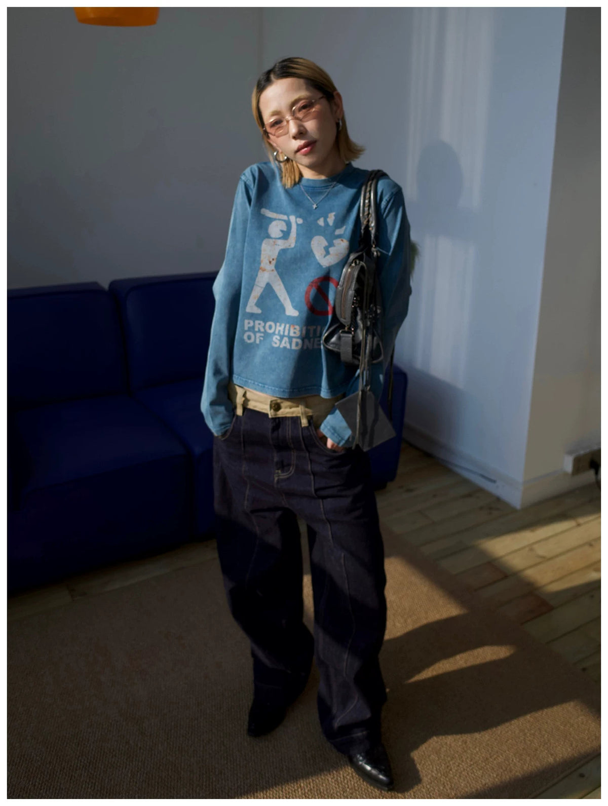 MMBBT Prohibition of Sadness Washed Long Sleeve Tee - Blue model view