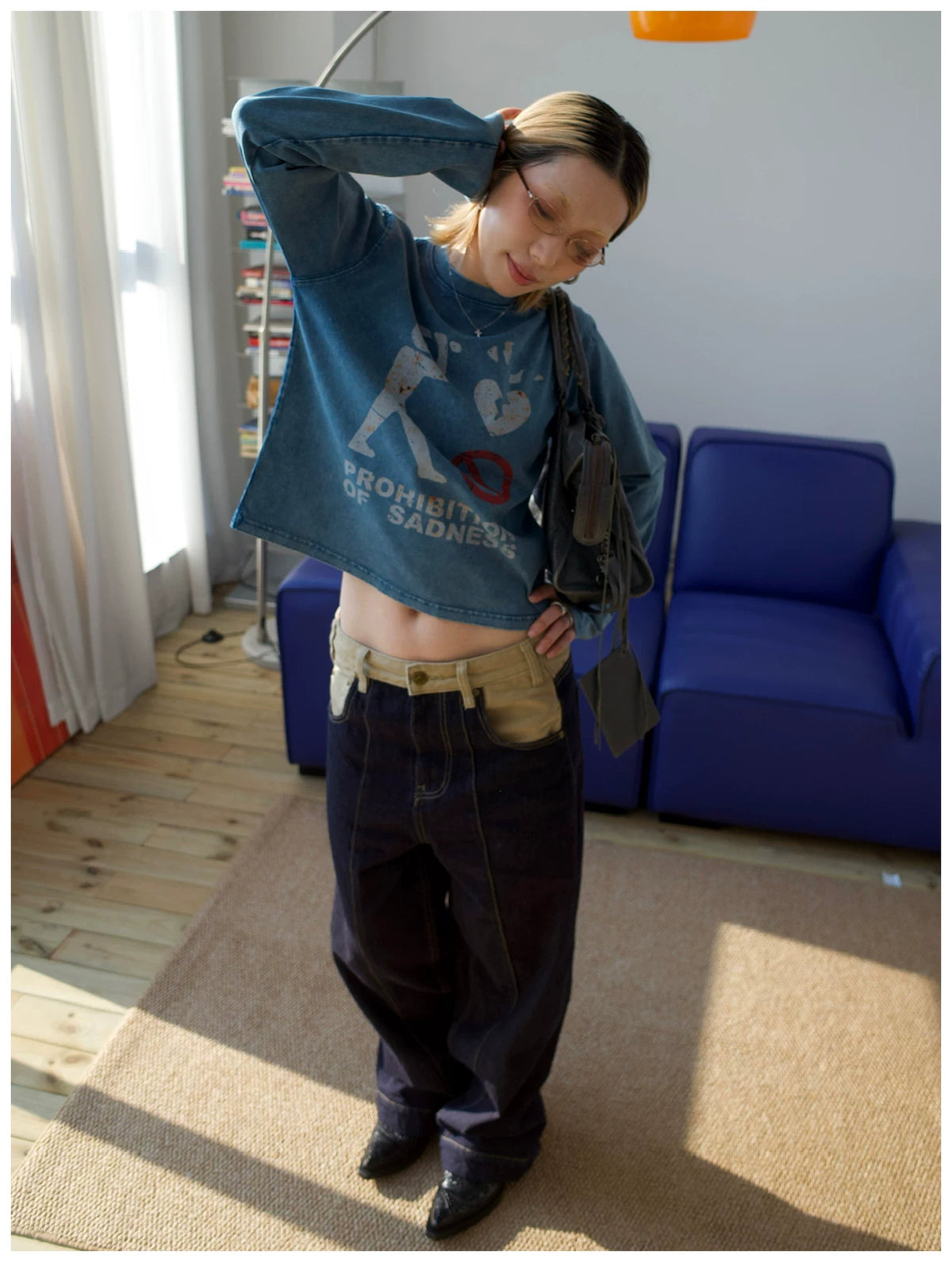 MMBBT Prohibition of Sadness Washed Long Sleeve Tee - Blue model view