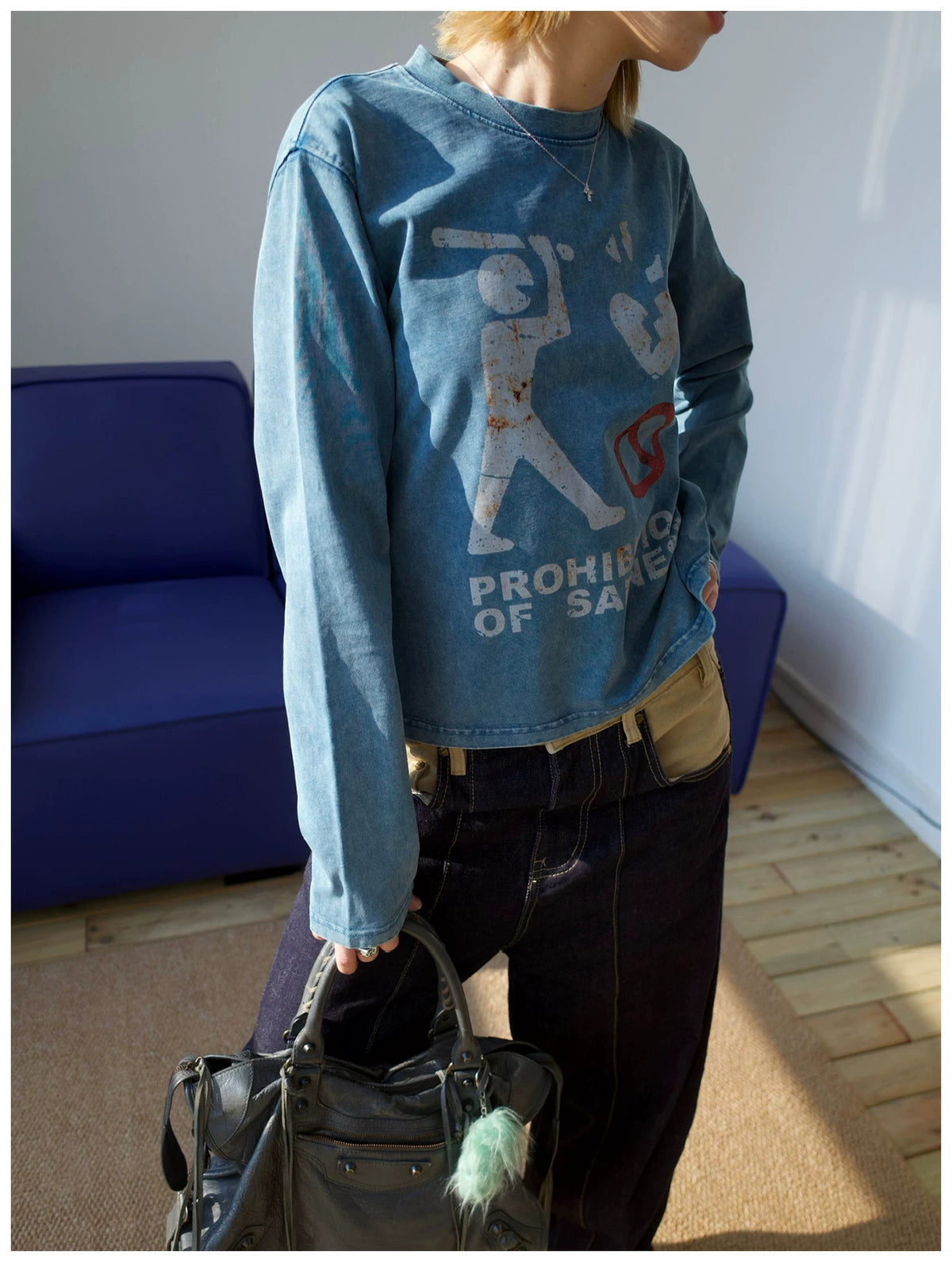 MMBBT Prohibition of Sadness Washed Long Sleeve Tee - Blue model view