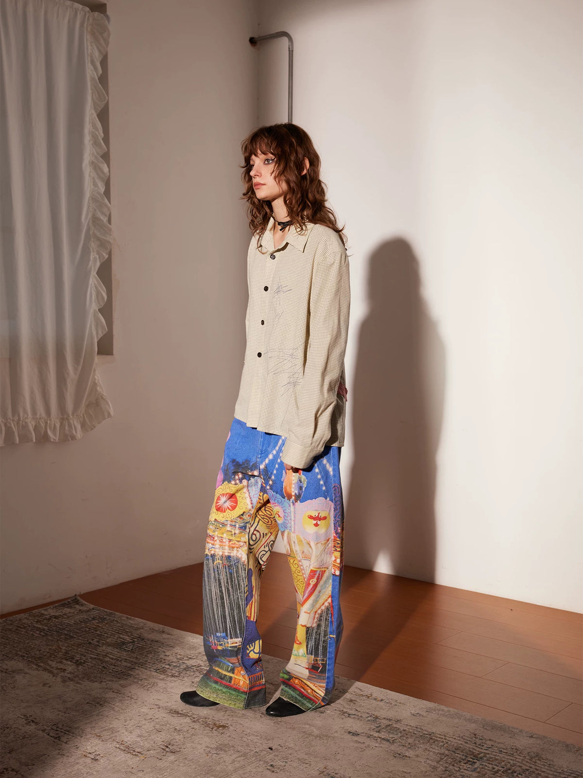 PacShop Luna Park Allover Print Straight Denim Jeans - model front
