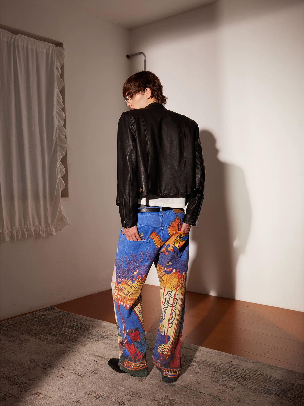 PacShop Luna Park Allover Print Straight Denim Jeans - model back