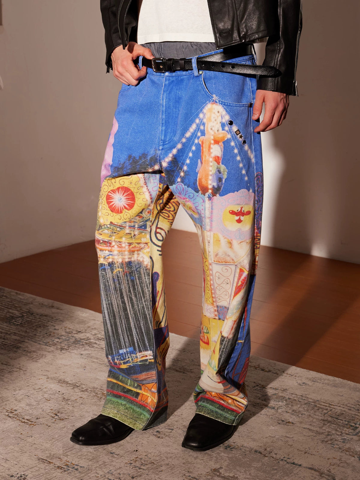 PacShop Luna Park Allover Print Straight Denim Jeans - model close-up