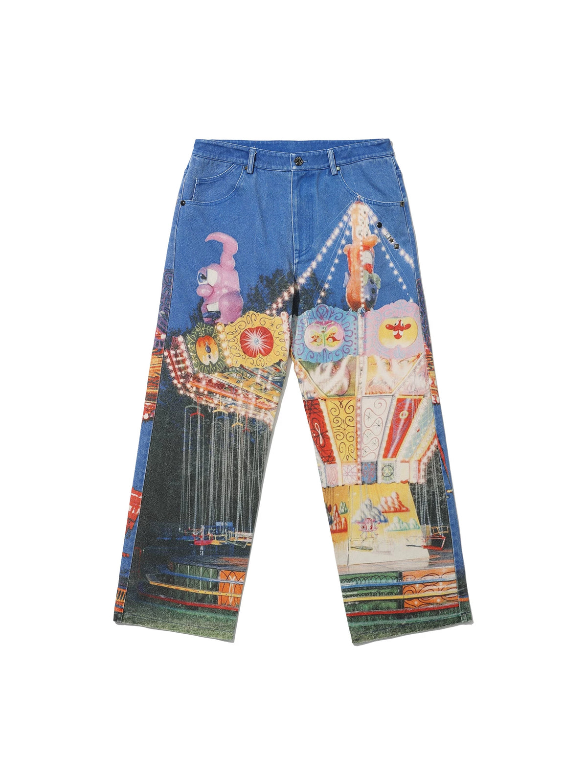 PacShop Luna Park Allover Print Straight Denim Jeans - flat front
