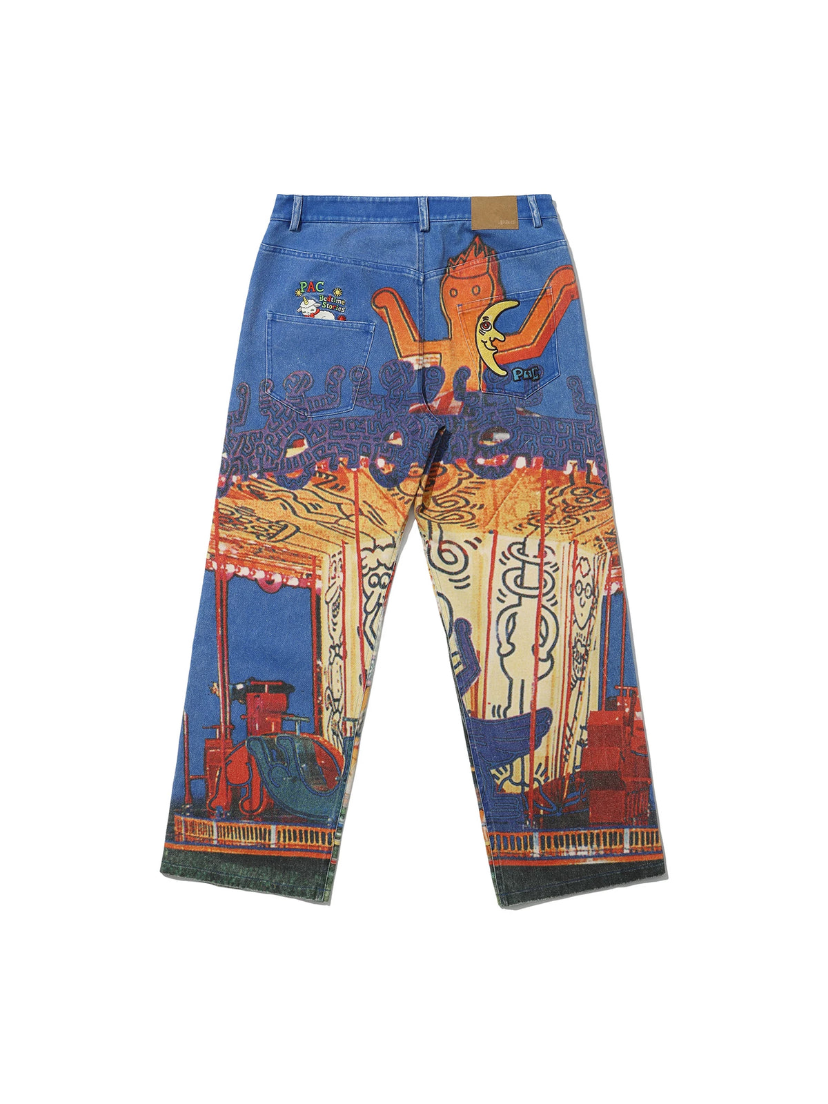 PacShop Luna Park Allover Print Straight Denim Jeans - flat back