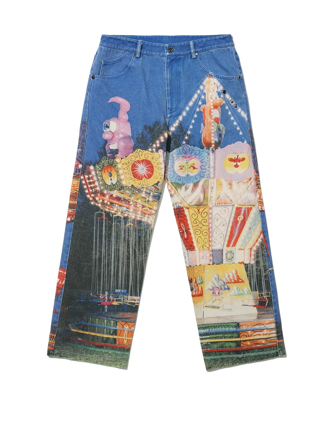 PacShop Luna Park Allover Print Straight Denim Jeans - flat front full
