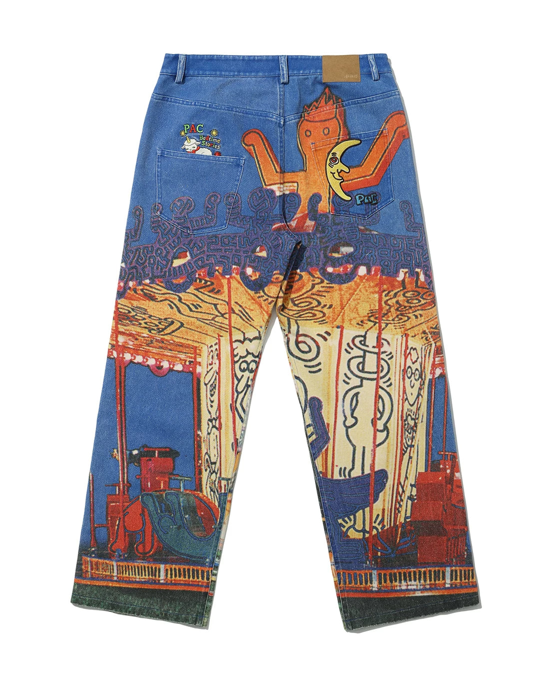 PacShop Luna Park Allover Print Straight Denim Jeans - flat back full