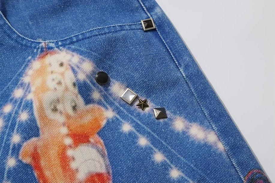 PacShop Luna Park Allover Print Straight Denim Jeans - stud detail