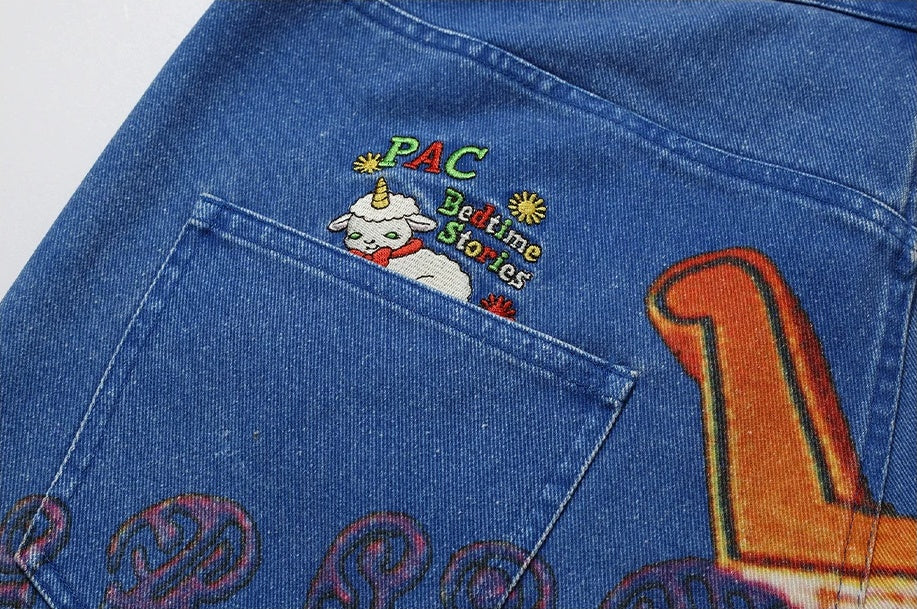 PacShop Luna Park Allover Print Straight Denim Jeans - embroidered pocket detail