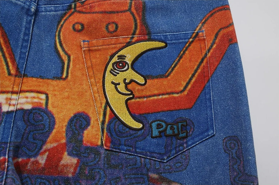 PacShop Luna Park Allover Print Straight Denim Jeans - moon motif pocket detail