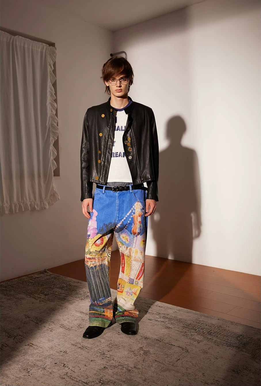 PacShop Luna Park Allover Print Straight Denim Jeans - model front with black jacket