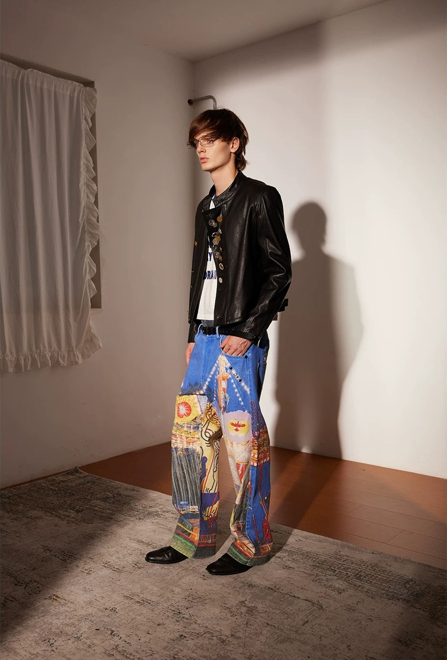 PacShop Luna Park Allover Print Straight Denim Jeans - model side with black jacket