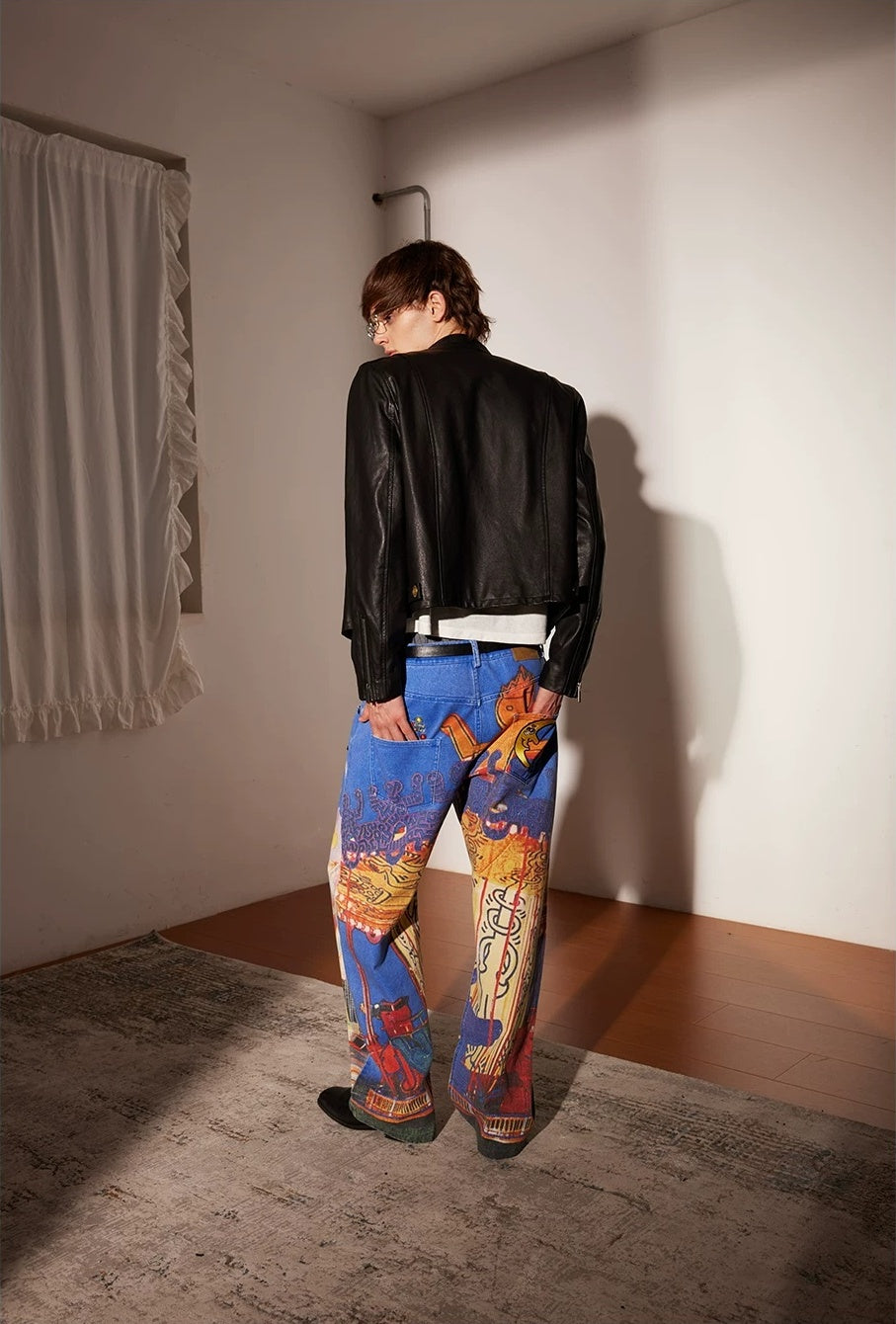 PacShop Luna Park Allover Print Straight Denim Jeans - model back with black jacket