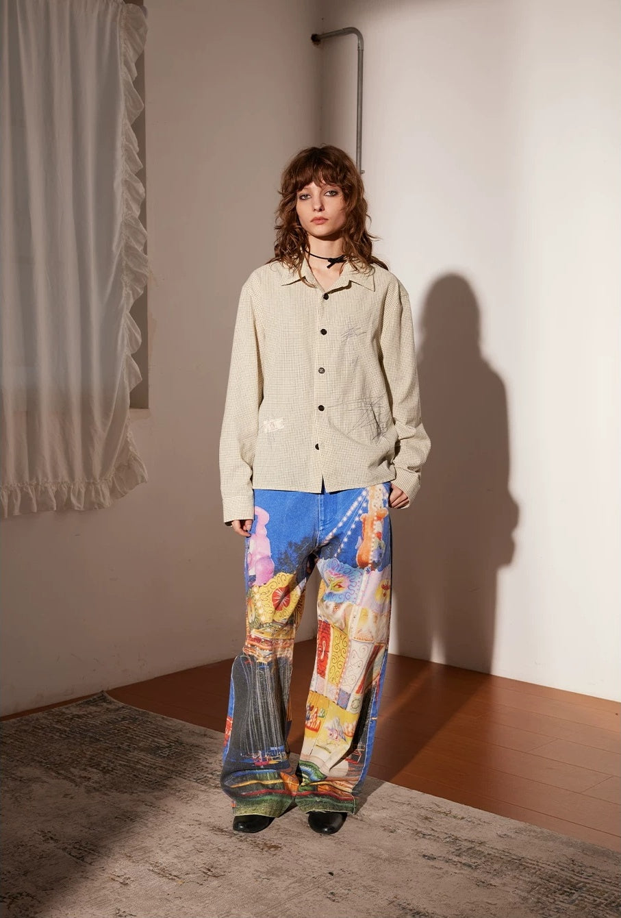 PacShop Luna Park Allover Print Straight Denim Jeans - model front with beige shirt