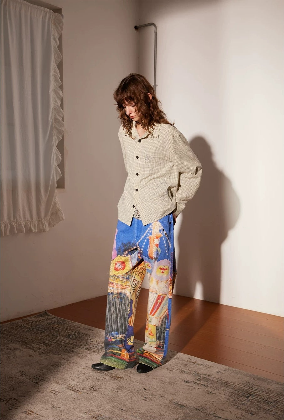 PacShop Luna Park Allover Print Straight Denim Jeans - model side with beige shirt