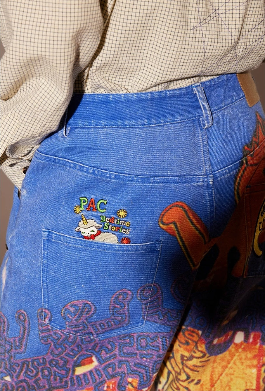 PacShop Luna Park Allover Print Straight Denim Jeans - model back pocket close-up