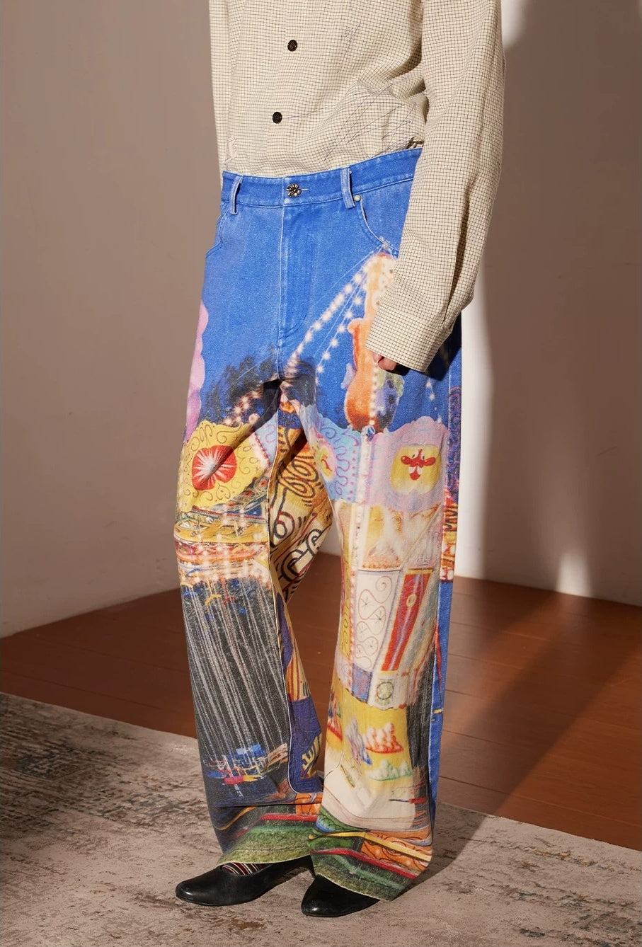 PacShop Luna Park Allover Print Straight Denim Jeans - model front with beige shirt walking
