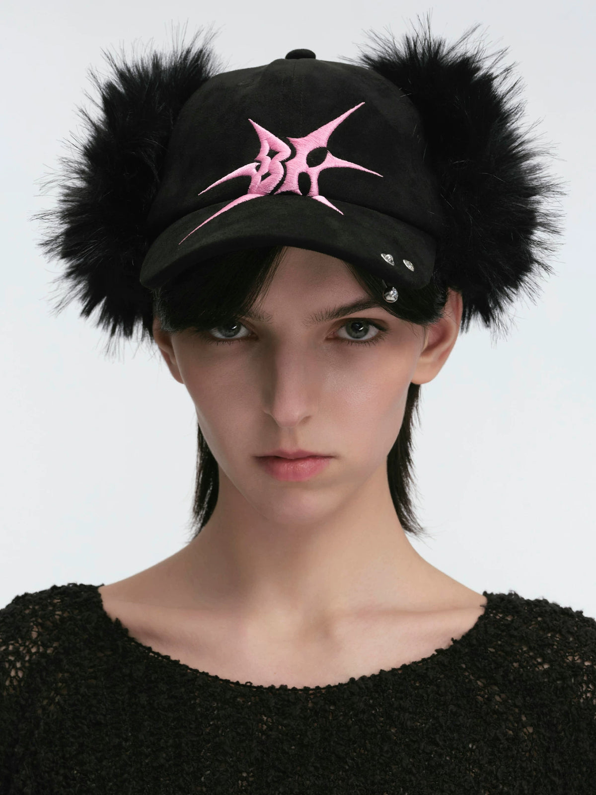 BLACKHEAD Faux Fur Earflap Baseball Cap - Black model, earflaps up