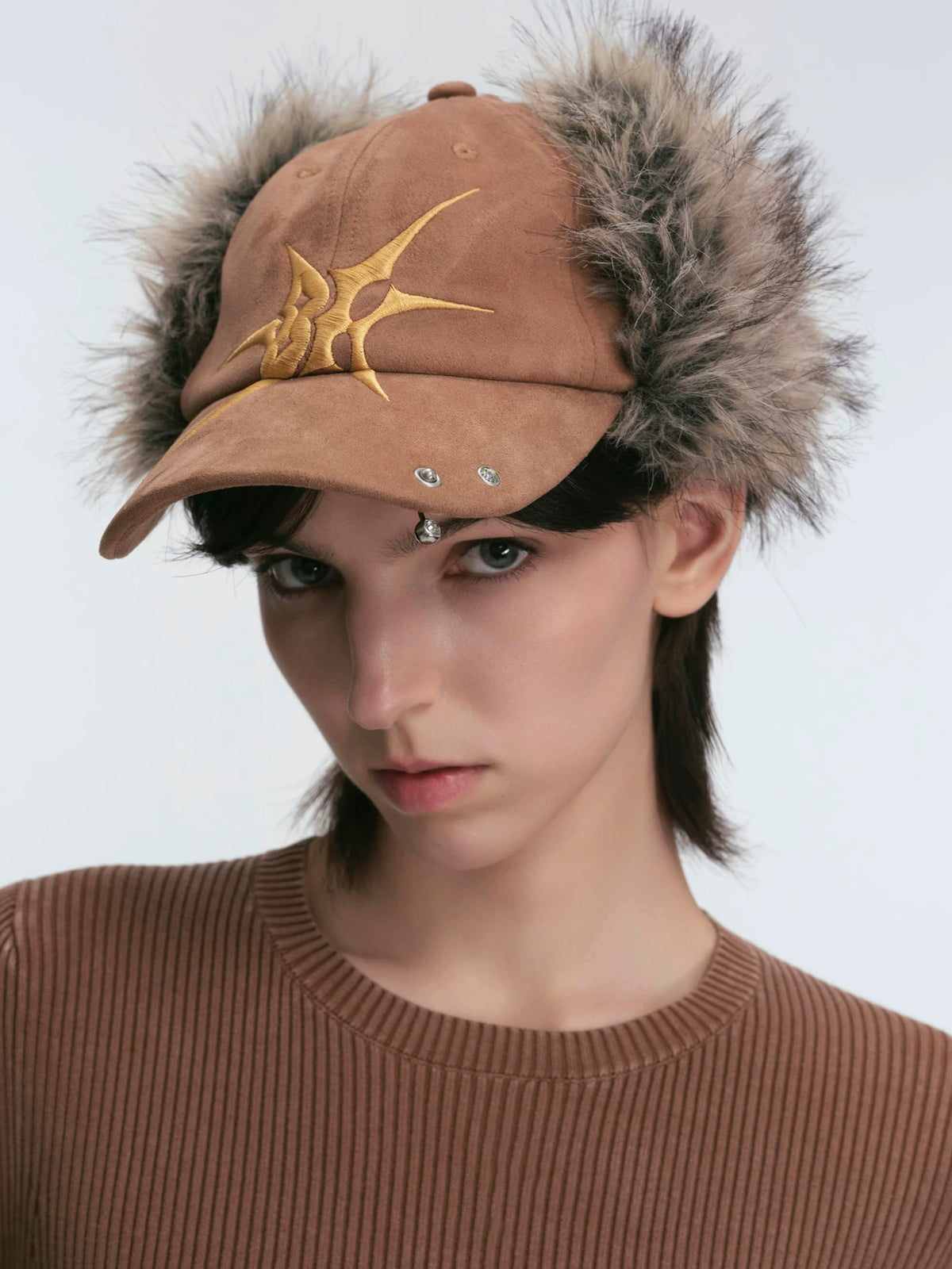 BLACKHEAD Faux Fur Earflap Baseball Cap - Brown model, earflaps up